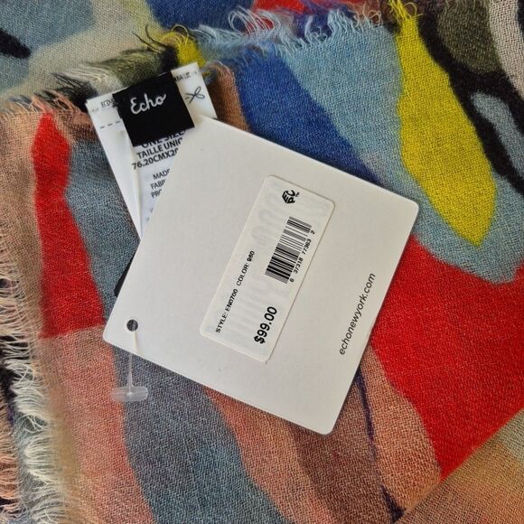 Echo NY Multi Color Abstract 100% Wool Infinity Fringe Scarf Womens 30 x 80 IN - Picture 6 of 8